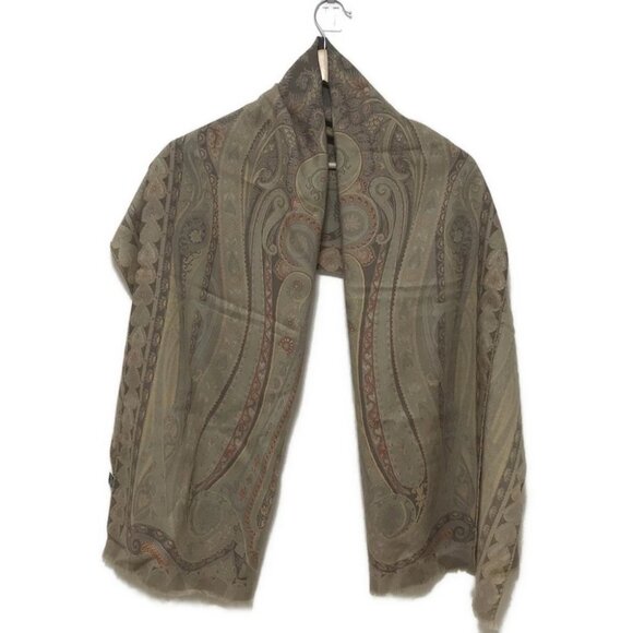 Auth ETRO - Khaki Beige Multi Wool Silk Scarf - Picture 1 of 5